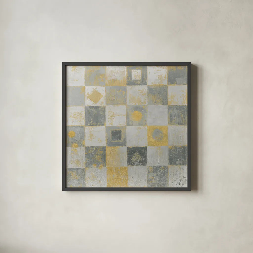 Neutrality Abstract Gold by James Wiens. Shown in a sleek black glass frame for a contemporary gallery look. Available as an archival giclee rolled canvas, fine art paper, or poster print. SKU 23490a.