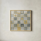 Neutrality Abstract Gold by James Wiens. Shown in a natural wood glass frame for a timeless modern aesthetic. Available as an archival giclee rolled canvas, fine art paper, or poster print. SKU 23490a.