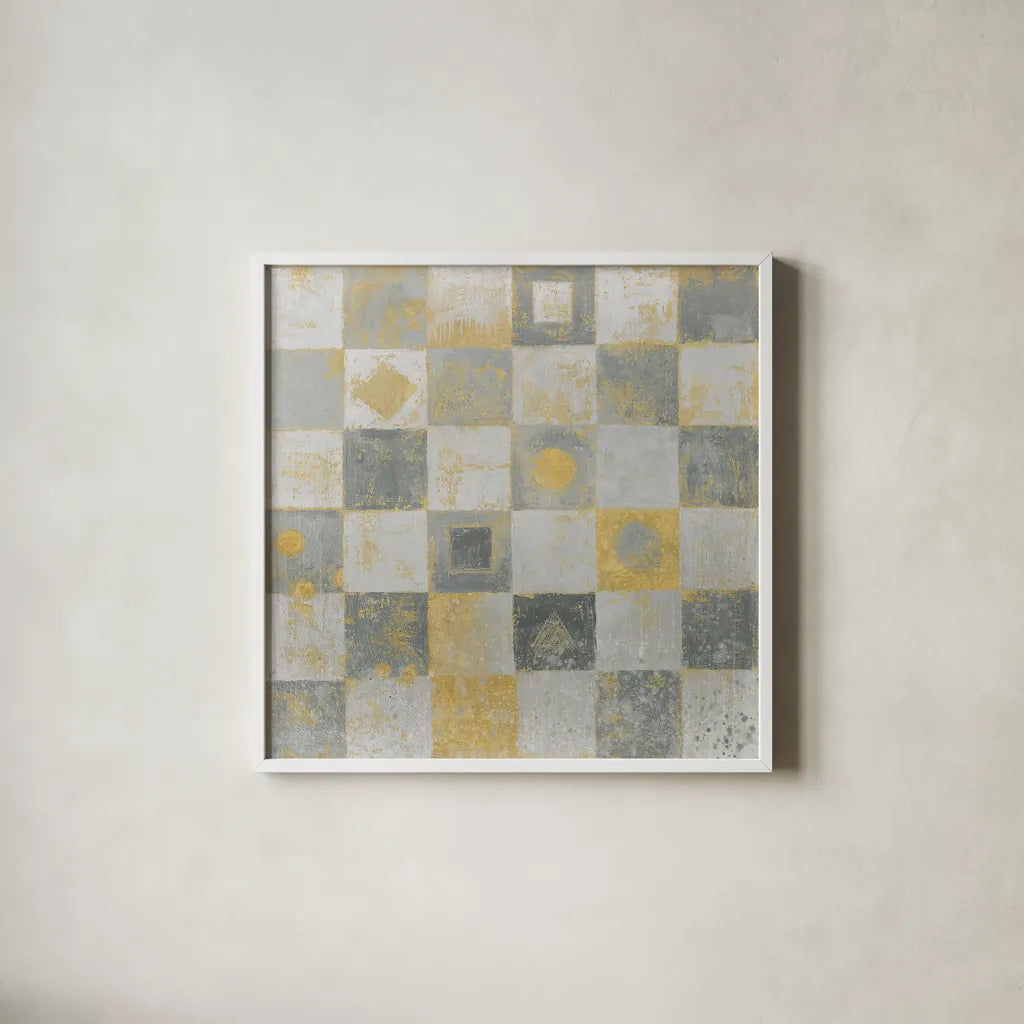 Neutrality Abstract Gold by James Wiens. Shown in a crisp white glass frame for a clean and minimalist style. Available as an archival giclee rolled canvas, fine art paper, or poster print. SKU 23490a.