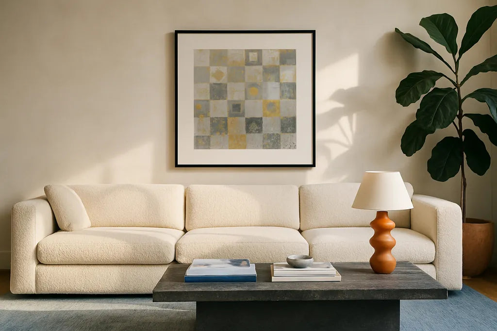 Neutrality Abstract Gold by James Wiens. Displayed in a glass frame with matte in a clean modern living room. Available as an archival giclee rolled canvas, fine art paper, or poster print. SKU 23490a.