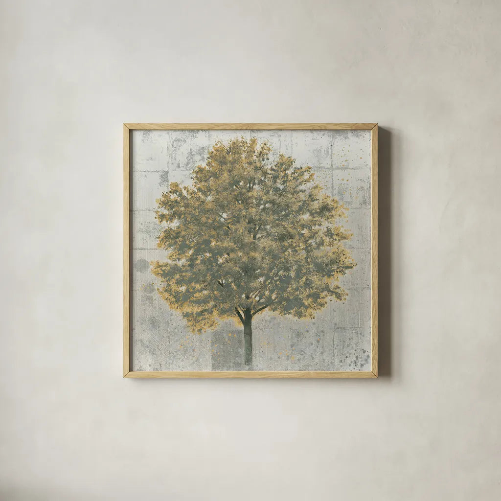 Neutrality Gold by James Wiens. Shown in a natural wood glass frame for a timeless modern aesthetic. Available as an archival giclee rolled canvas, fine art paper, or poster print. SKU 23016a.