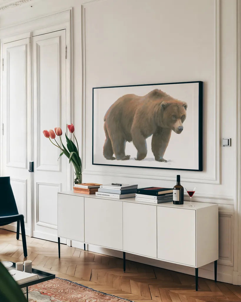 Northern Wild  I by James Wiens. shown as a framed stretched canvas in a living room above a console. Available as a archival giclee rolled canvas, fine art paper, or poster print. SKU 66105i.