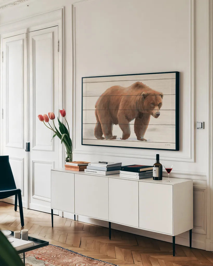 Northern Wild I on Wood by James Wiens. shown as a framed stretched canvas in a living room above a console. Available as a archival giclee rolled canvas, fine art paper, or poster print. SKU 69068i.