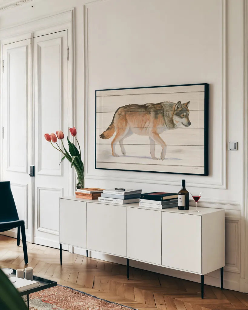 Northern Wild II on Wood by James Wiens. shown as a framed stretched canvas in a living room above a console. Available as a archival giclee rolled canvas, fine art paper, or poster print. SKU 69069i.