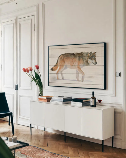 Northern Wild II on Wood by James Wiens. shown as a framed stretched canvas in a living room above a console. Available as a archival giclee rolled canvas, fine art paper, or poster print. SKU 69069i.