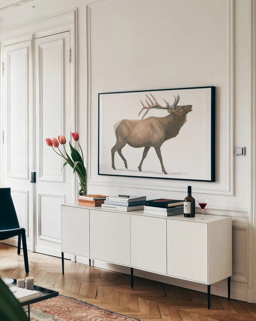 Northern Wild III by James Wiens. shown as a framed stretched canvas in a living room above a console. Available as a archival giclee rolled canvas, fine art paper, or poster print. SKU 66107i.
