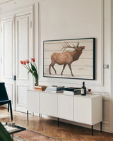 Northern Wild III on Wood by James Wiens. shown as a framed stretched canvas in a living room above a console. Available as a archival giclee rolled canvas, fine art paper, or poster print. SKU 69070i.