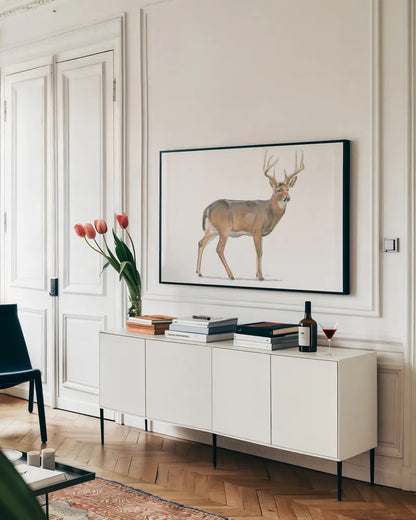 Northern Wild V by James Wiens. shown as a framed stretched canvas in a living room above a console. Available as a archival giclee rolled canvas, fine art paper, or poster print. SKU 66109i.