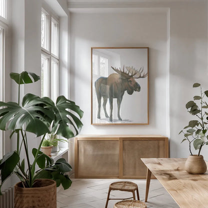 Northern Wild VI by James Wiens. shown as a print in a natural wood frame in a dining room. Available as a archival giclee rolled canvas, fine art paper, or poster print. SKU 66110h.