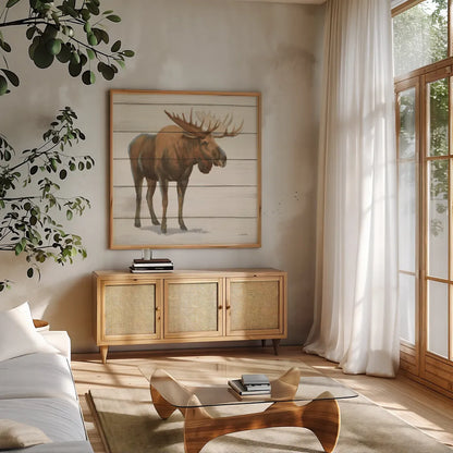 Northern Wild VI on Wood by James Wiens. Shown in a natural wood frame in a cozy modern living room. Available as an archival giclee rolled canvas, fine art paper, or poster print. SKU 69073a.