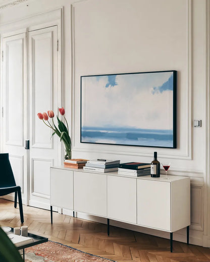 Oceanview by James Wiens. shown as a framed stretched canvas in a living room above a console. Available as a archival giclee rolled canvas, fine art paper, or poster print. SKU 63185i.
