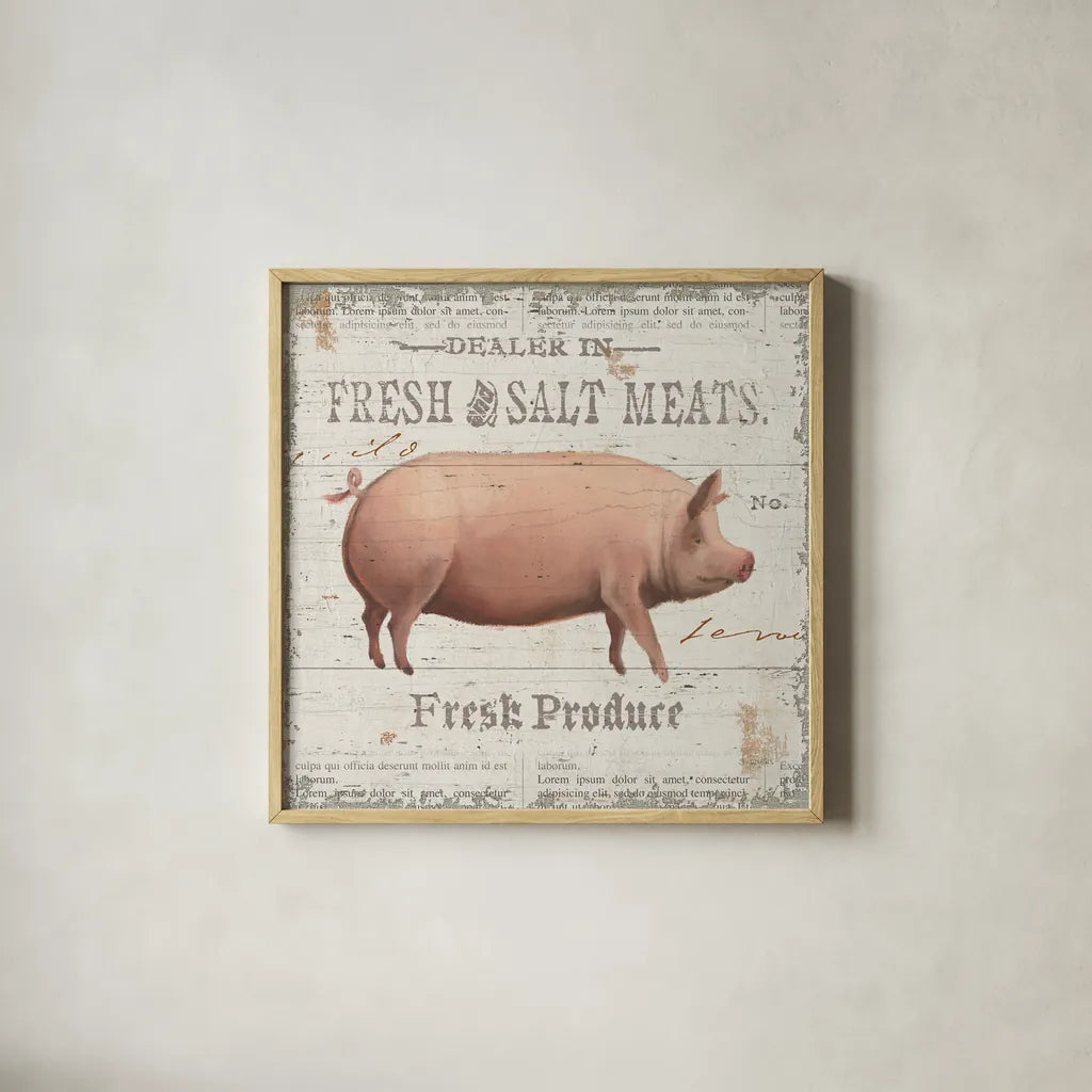 On the Farm I by James Wiens. Shown in a natural wood glass frame for a timeless modern aesthetic. Available as an archival giclee rolled canvas, fine art paper, or poster print. SKU 18242a.