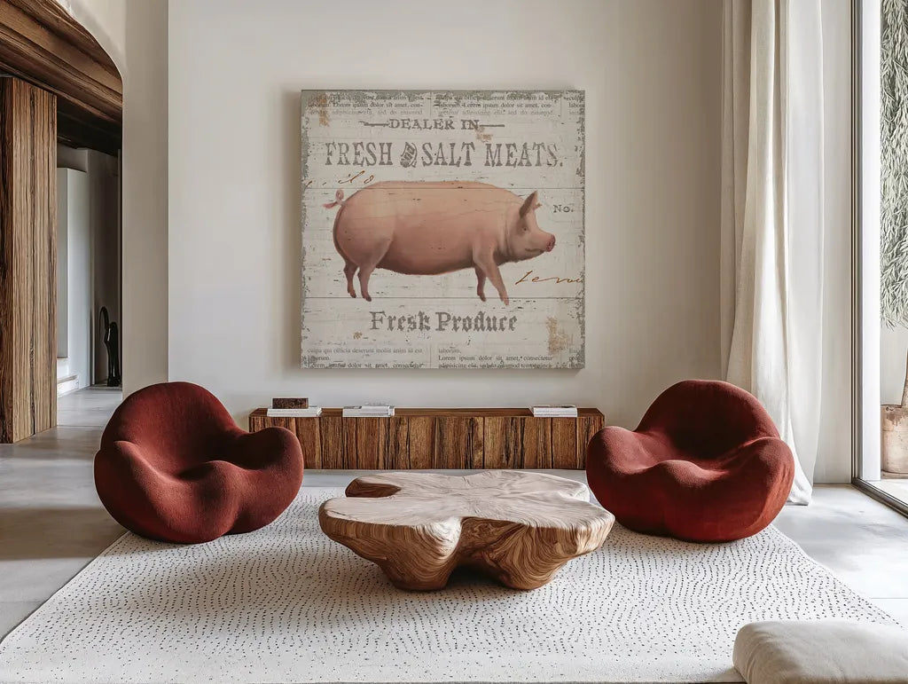 On the Farm I by James Wiens. Shown as extra-large giant wall art in a modern living room. Available as an archival giclee rolled canvas, fine art paper, or poster print. SKU 18242a.