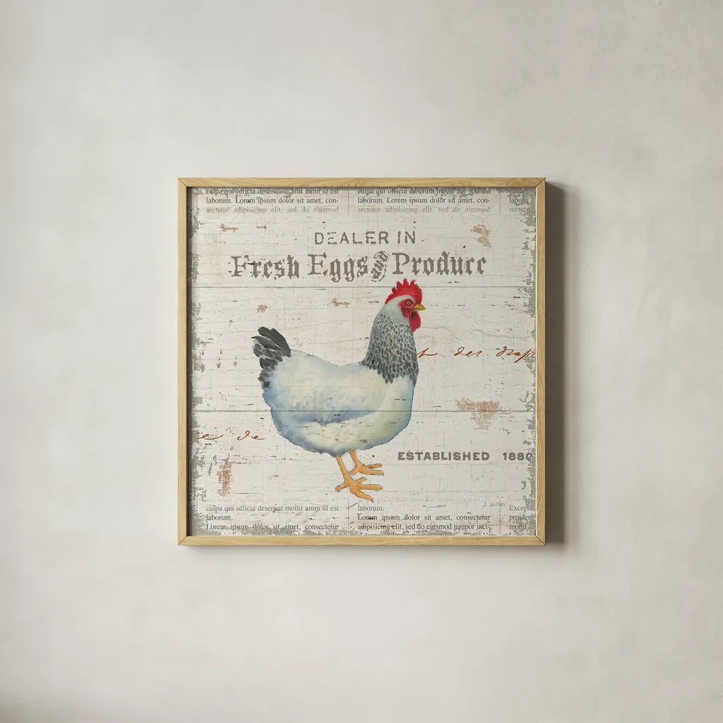 On the Farm III by James Wiens. Shown in a natural wood glass frame for a timeless modern aesthetic. Available as an archival giclee rolled canvas, fine art paper, or poster print. SKU 18244a.