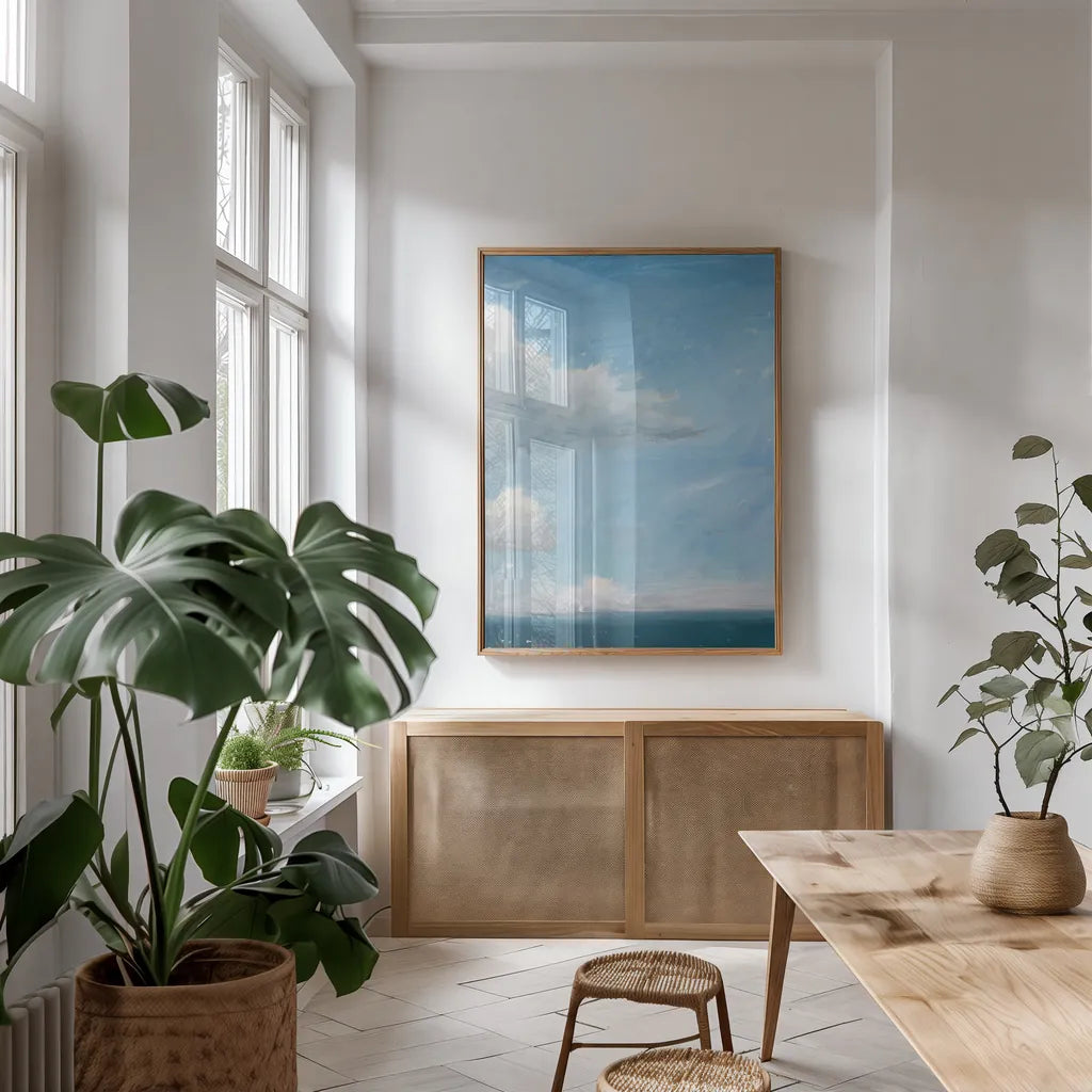 Open Sea Blue Crop by James Wiens. shown as a print in a natural wood frame in a dining room. Available as a archival giclee rolled canvas, fine art paper, or poster print. SKU 80595h.