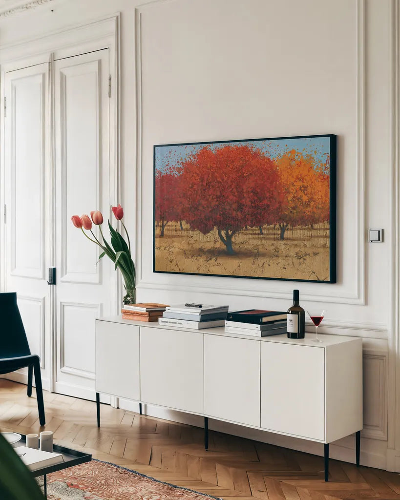 Orange Trees II by James Wiens. shown as a framed stretched canvas in a living room above a console. Available as a archival giclee rolled canvas, fine art paper, or poster print. SKU 20389i.