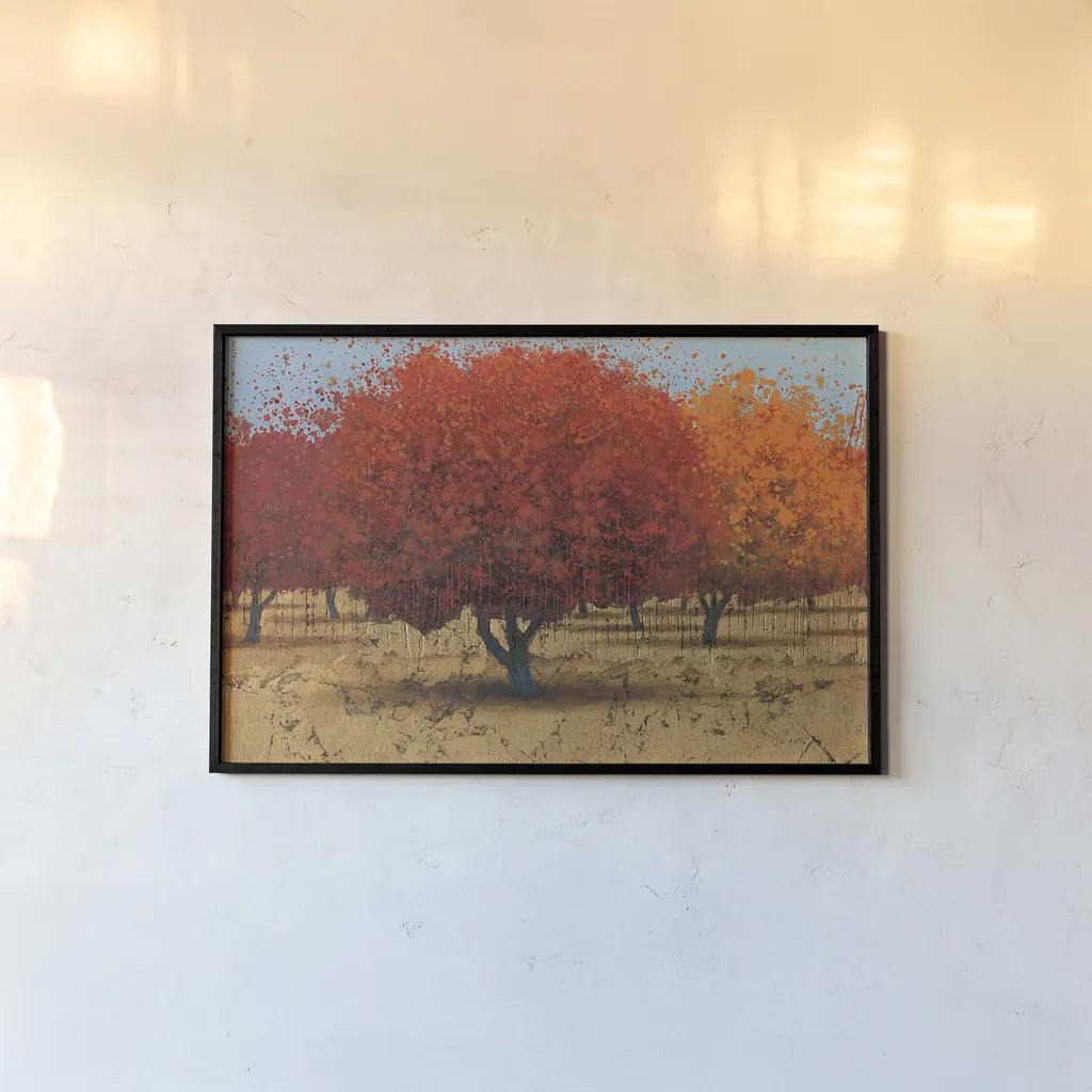 Orange Trees II by James Wiens. shown as a paper print in a black flame. Available as a archival giclee rolled canvas, fine art paper, or poster print. SKU 20389i.