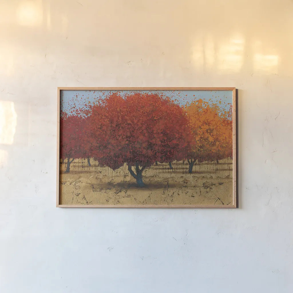 Orange Trees II by James Wiens. shown as a paper print in a natural frame. Available as a archival giclee rolled canvas, fine art paper, or poster print. SKU 20389i.