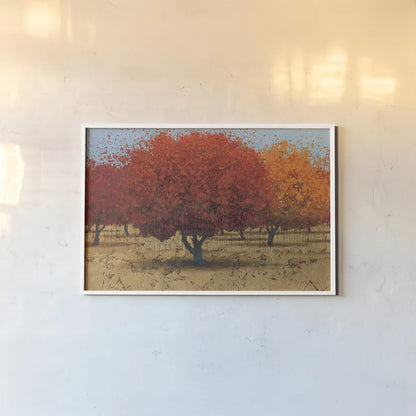 Orange Trees II by James Wiens. shown as a paper print in a white frame. Available as a archival giclee rolled canvas, fine art paper, or poster print. SKU 20389i.