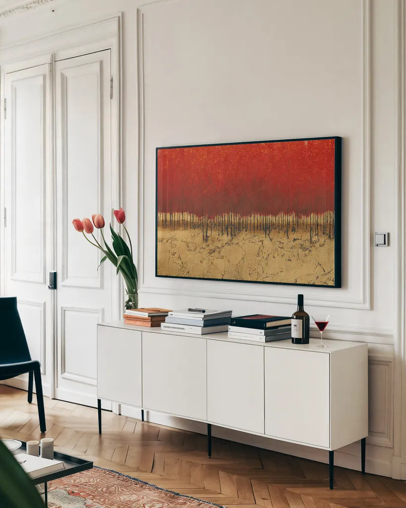 Orange Trees III by James Wiens. shown as a framed stretched canvas in a living room above a console. Available as a archival giclee rolled canvas, fine art paper, or poster print. SKU 20390i.