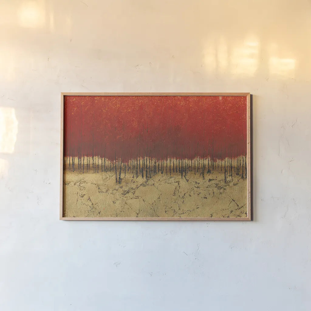 Orange Trees III by James Wiens. shown as a paper print in a natural frame. Available as a archival giclee rolled canvas, fine art paper, or poster print. SKU 20390i.