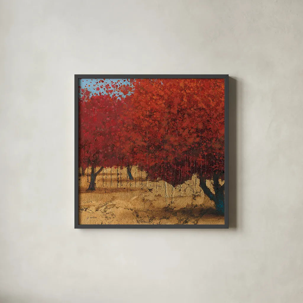Orange Trees III Square I by James Wiens. Shown in a sleek black glass frame for a contemporary gallery look. Available as an archival giclee rolled canvas, fine art paper, or poster print. SKU 18629a.