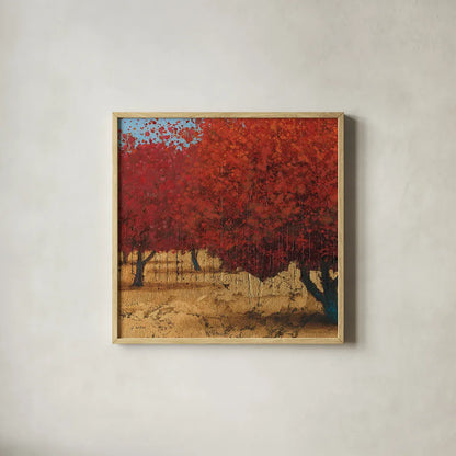 Orange Trees III Square I by James Wiens. Shown in a natural wood glass frame for a timeless modern aesthetic. Available as an archival giclee rolled canvas, fine art paper, or poster print. SKU 18629a.