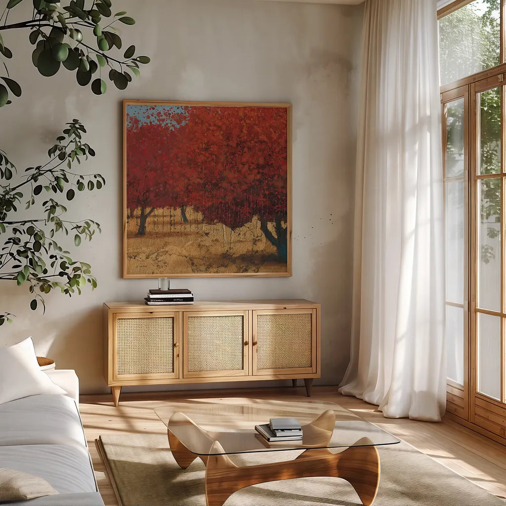 Orange Trees III Square I by James Wiens. Shown in a natural wood frame in a cozy modern living room. Available as an archival giclee rolled canvas, fine art paper, or poster print. SKU 18629a.