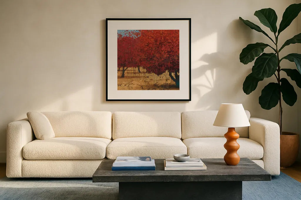 Orange Trees III Square I by James Wiens. Displayed in a glass frame with matte in a clean modern living room. Available as an archival giclee rolled canvas, fine art paper, or poster print. SKU 18629a.