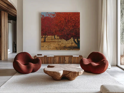 Orange Trees III Square I by James Wiens. Shown as extra-large giant wall art in a modern living room. Available as an archival giclee rolled canvas, fine art paper, or poster print. SKU 18629a.