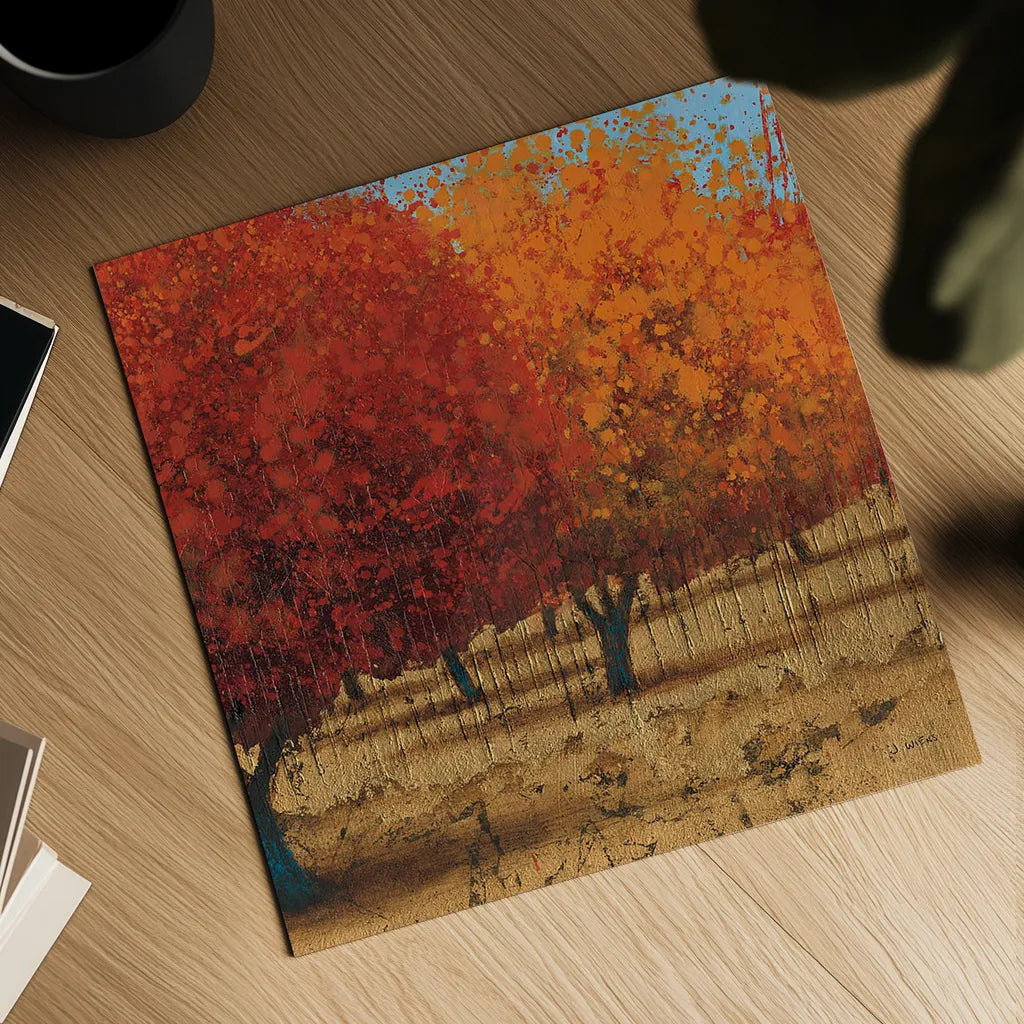 Orange Trees III Square II by James Wiens. Shown as a detailed flat fine art print, highlighting archival giclee quality. Available as an archival giclee rolled canvas, fine art paper, or poster print. SKU 20389a.