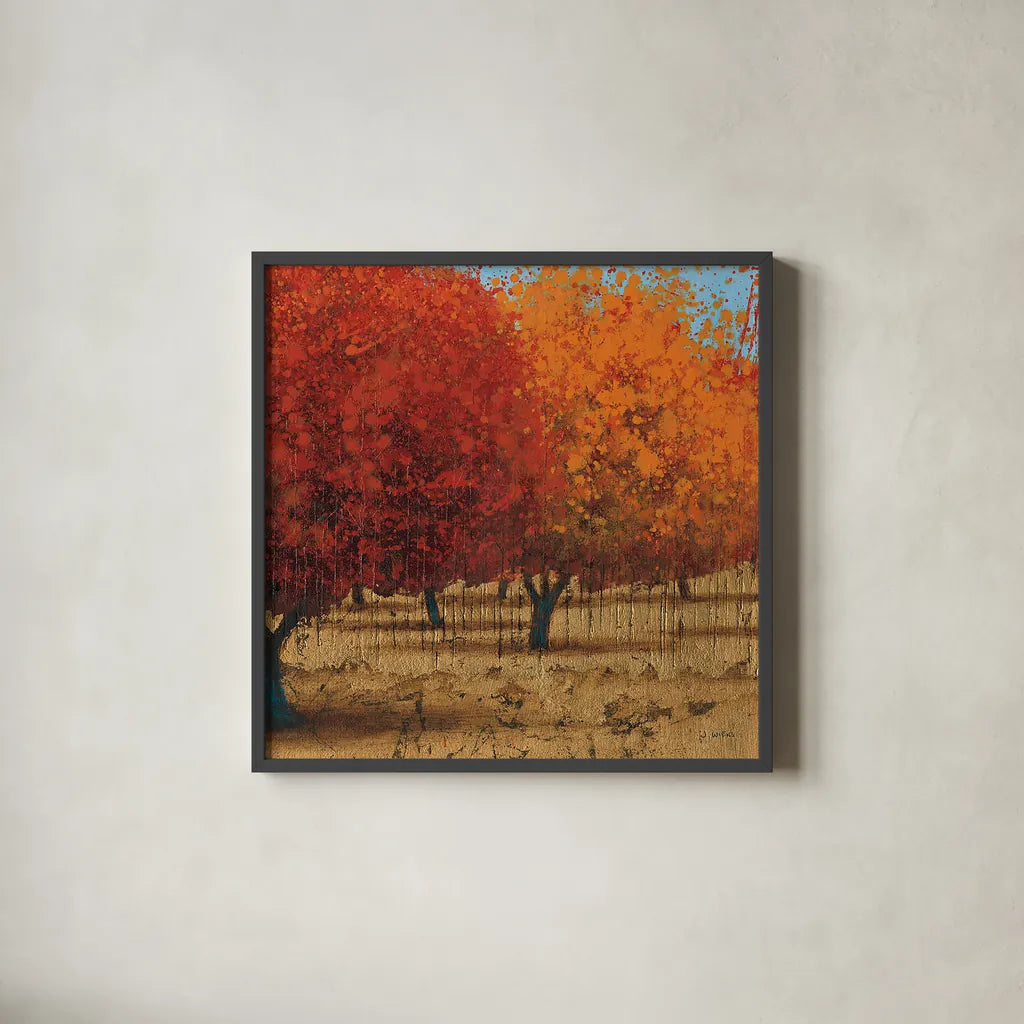 Orange Trees III Square II by James Wiens. Shown in a sleek black glass frame for a contemporary gallery look. Available as an archival giclee rolled canvas, fine art paper, or poster print. SKU 20389a.