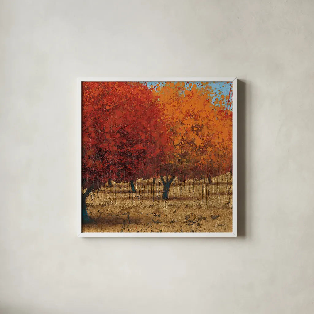 Orange Trees III Square II by James Wiens. Shown in a crisp white glass frame for a clean and minimalist style. Available as an archival giclee rolled canvas, fine art paper, or poster print. SKU 20389a.