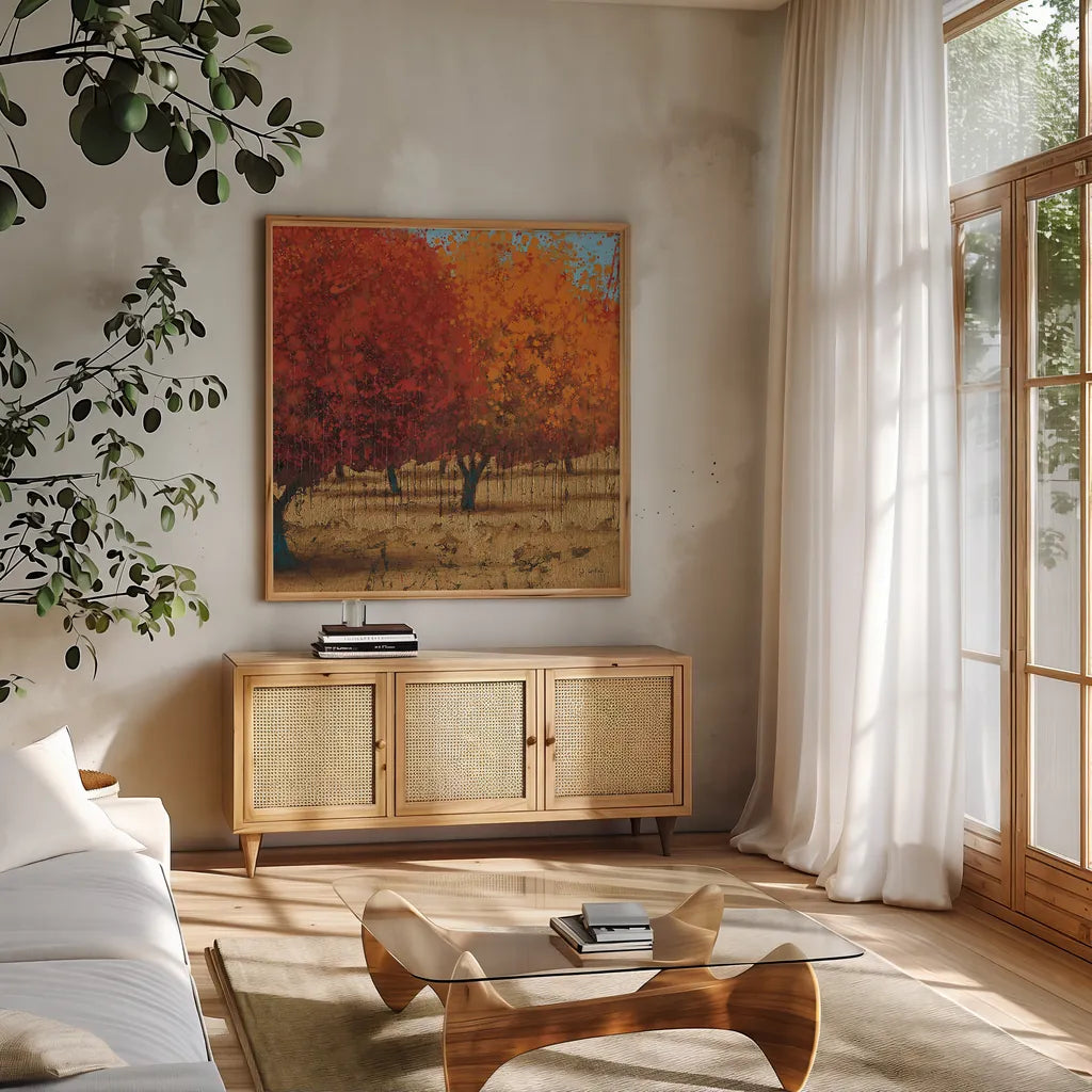 Orange Trees III Square II by James Wiens. Shown in a natural wood frame in a cozy modern living room. Available as an archival giclee rolled canvas, fine art paper, or poster print. SKU 20389a.