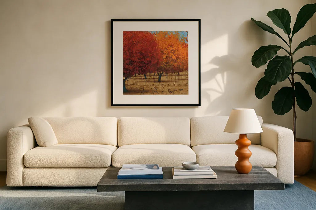 Orange Trees III Square II by James Wiens. Displayed in a glass frame with matte in a clean modern living room. Available as an archival giclee rolled canvas, fine art paper, or poster print. SKU 20389a.