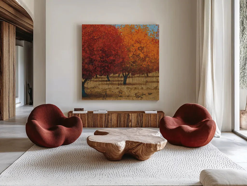 Orange Trees III Square II by James Wiens. Shown as extra-large giant wall art in a modern living room. Available as an archival giclee rolled canvas, fine art paper, or poster print. SKU 20389a.