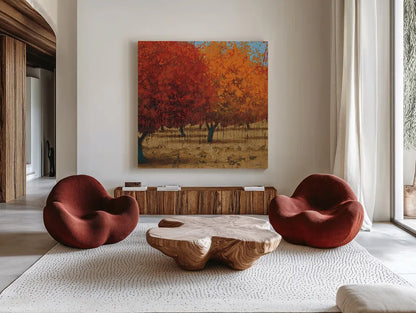 Orange Trees III Square II by James Wiens. Shown as extra-large giant wall art in a modern living room. Available as an archival giclee rolled canvas, fine art paper, or poster print. SKU 20389a.