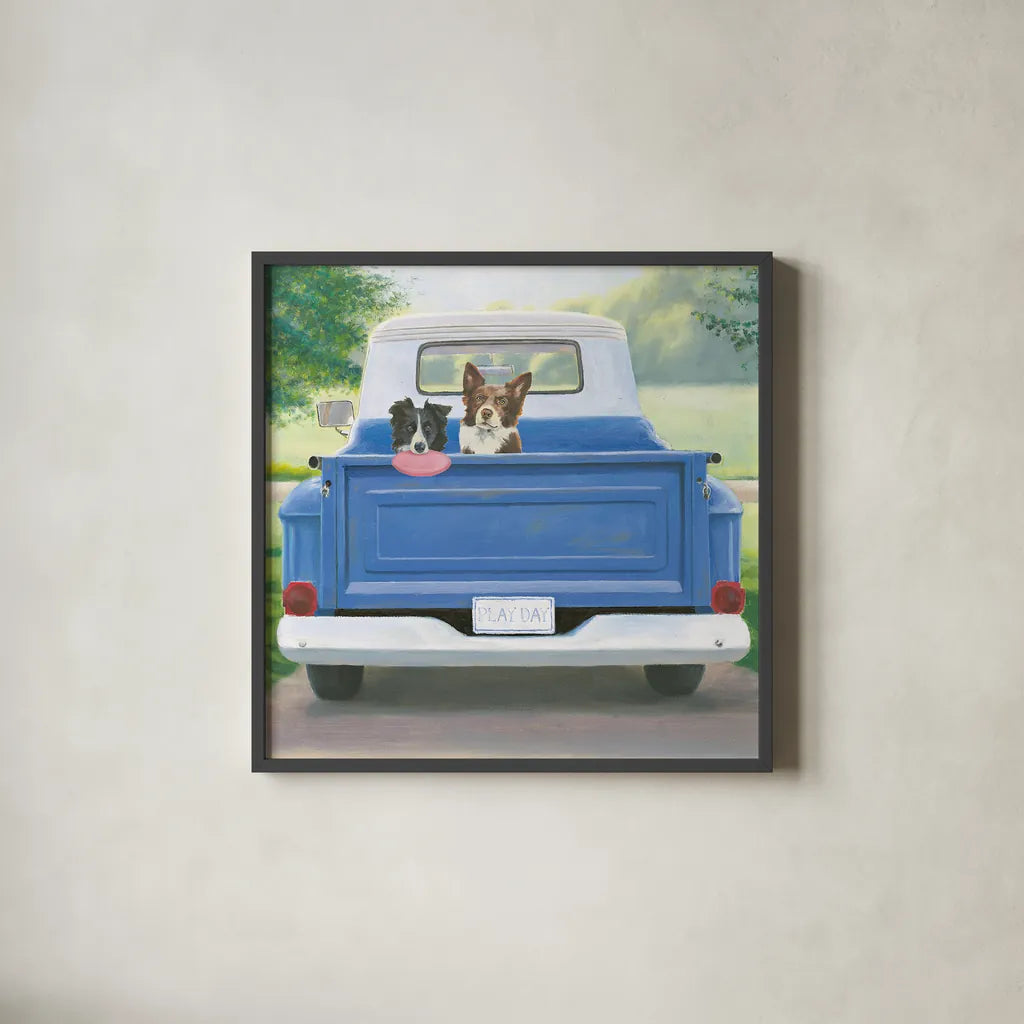 Play Day by James Wiens. Shown in a sleek black glass frame for a contemporary gallery look. Available as an archival giclee rolled canvas, fine art paper, or poster print. SKU 38884a.