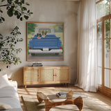 Play Day by James Wiens. Shown in a natural wood frame in a cozy modern living room. Available as an archival giclee rolled canvas, fine art paper, or poster print. SKU 38884a.
