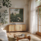 Playful by James Wiens. Shown in a natural wood frame in a cozy modern living room. Available as an archival giclee rolled canvas, fine art paper, or poster print. SKU 33398a.