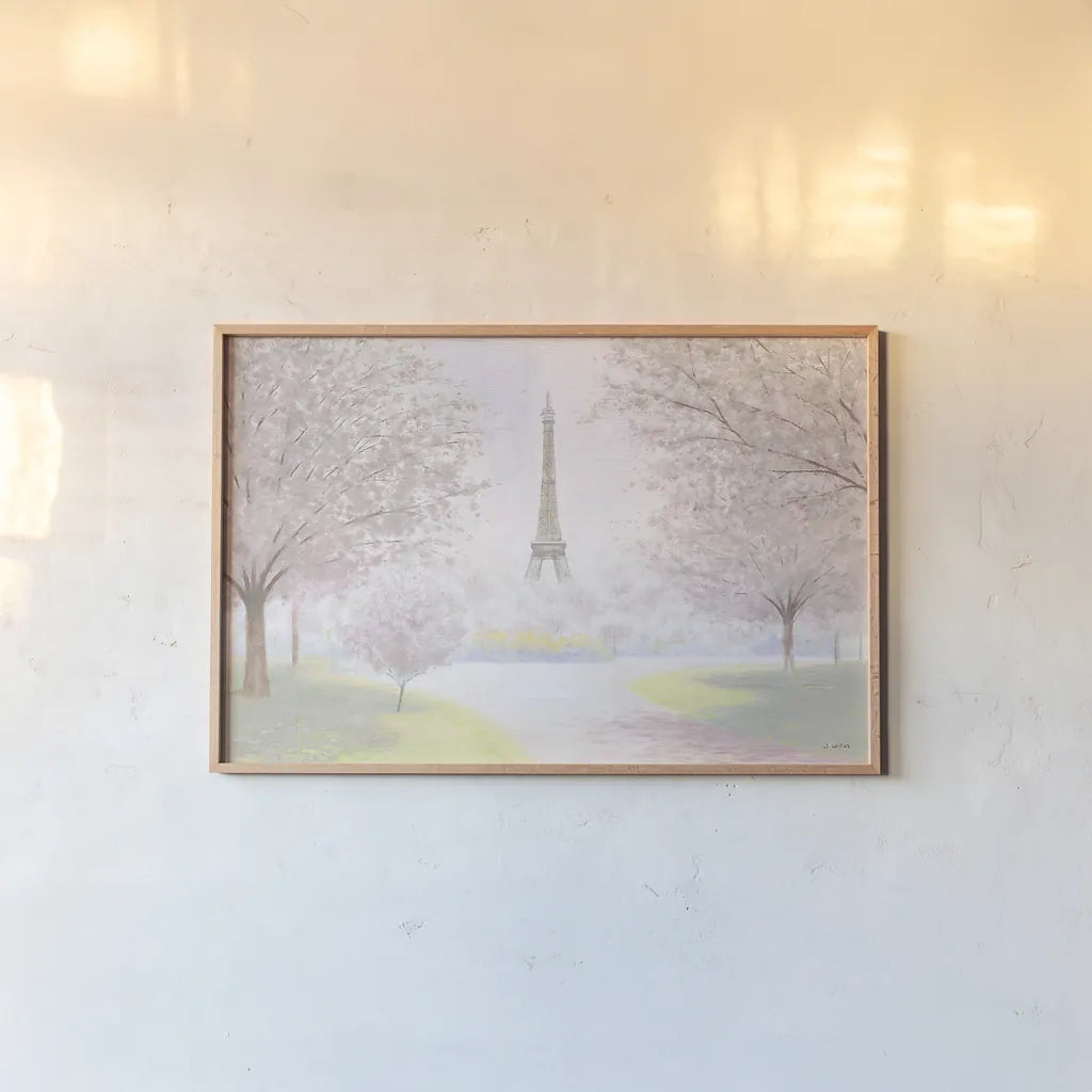 Pretty Paris by James Wiens. shown as a paper print in a natural frame. Available as a archival giclee rolled canvas, fine art paper, or poster print. SKU 43508i.