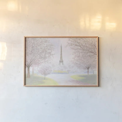 Pretty Paris by James Wiens. shown as a paper print in a natural frame. Available as a archival giclee rolled canvas, fine art paper, or poster print. SKU 43508i.