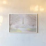 Pretty Paris by James Wiens. shown as a paper print in a white frame. Available as a archival giclee rolled canvas, fine art paper, or poster print. SKU 43508i.