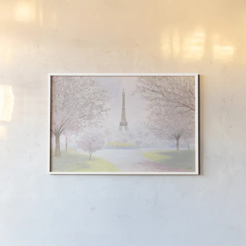 Pretty Paris by James Wiens. shown as a paper print in a white frame. Available as a archival giclee rolled canvas, fine art paper, or poster print. SKU 43508i.