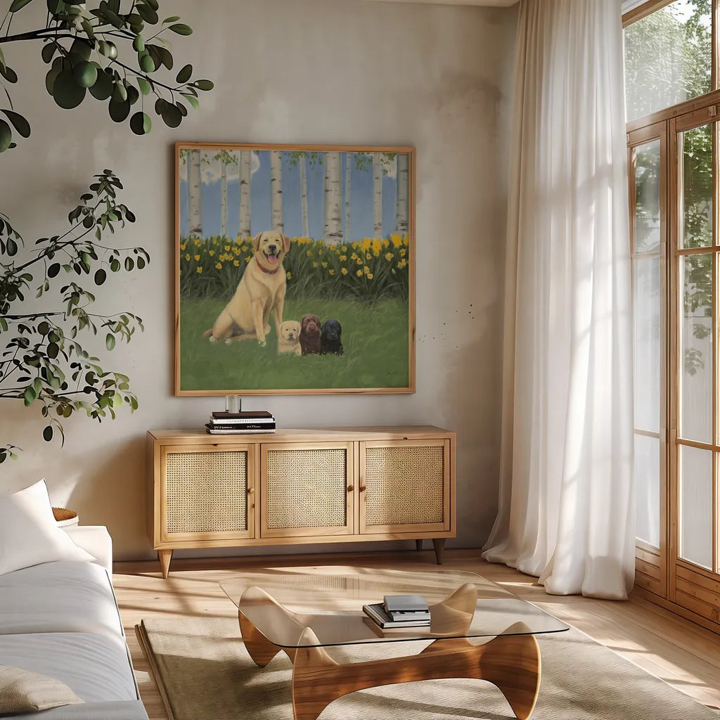 Proud Mom by James Wiens. Shown in a natural wood frame in a cozy modern living room. Available as an archival giclee rolled canvas, fine art paper, or poster print. SKU 33397a.