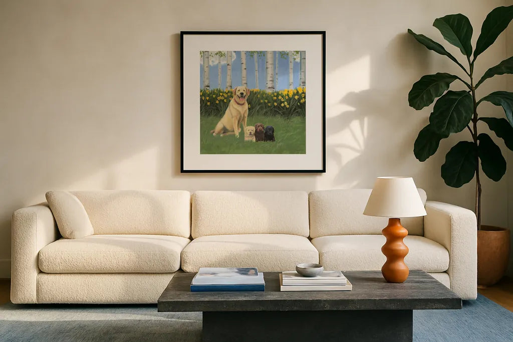 Proud Mom by James Wiens. Displayed in a glass frame with matte in a clean modern living room. Available as an archival giclee rolled canvas, fine art paper, or poster print. SKU 33397a.