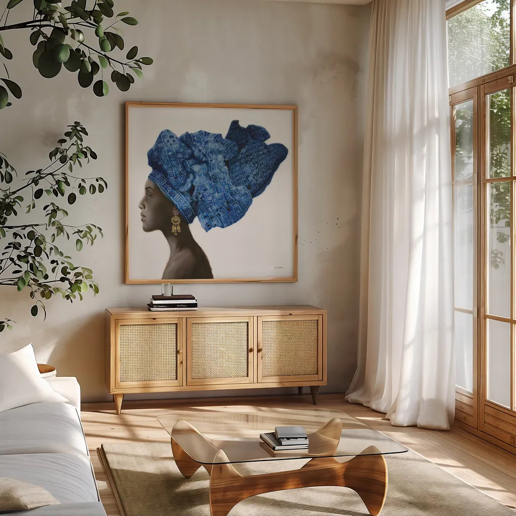 Pure Style by James Wiens. Shown in a natural wood frame in a cozy modern living room. Available as an archival giclee rolled canvas, fine art paper, or poster print. SKU 44024a.