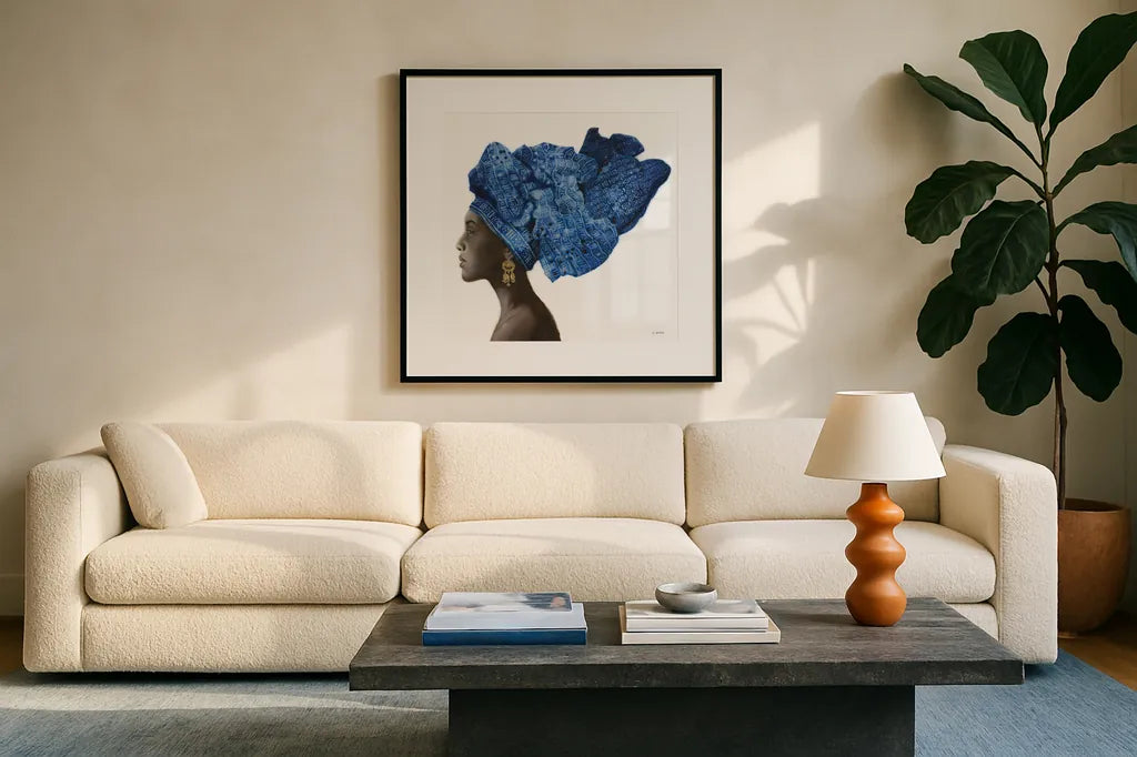 Pure Style by James Wiens. Displayed in a glass frame with matte in a clean modern living room. Available as an archival giclee rolled canvas, fine art paper, or poster print. SKU 44024a.