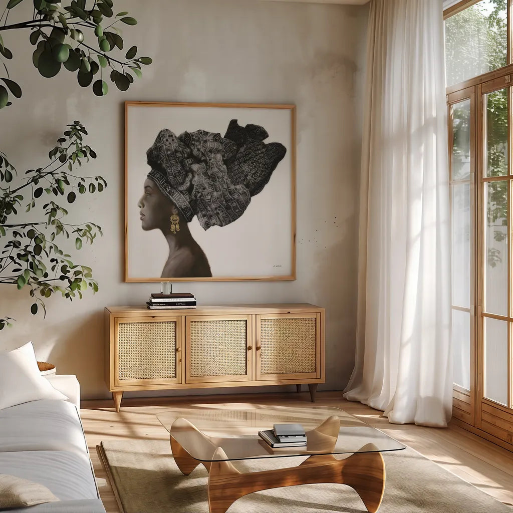 Pure Style Black by James Wiens. Shown in a natural wood frame in a cozy modern living room. Available as an archival giclee rolled canvas, fine art paper, or poster print. SKU 49621a.