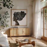 Pure Style Black by James Wiens. Shown in a natural wood frame in a cozy modern living room. Available as an archival giclee rolled canvas, fine art paper, or poster print. SKU 49621a.